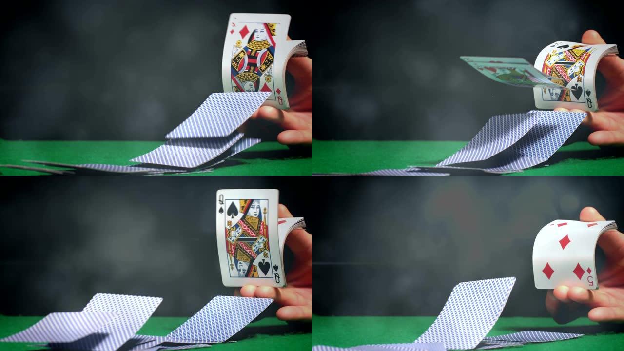 发牌人在绿色扑克牌桌上分发一张卡片，效果很轻