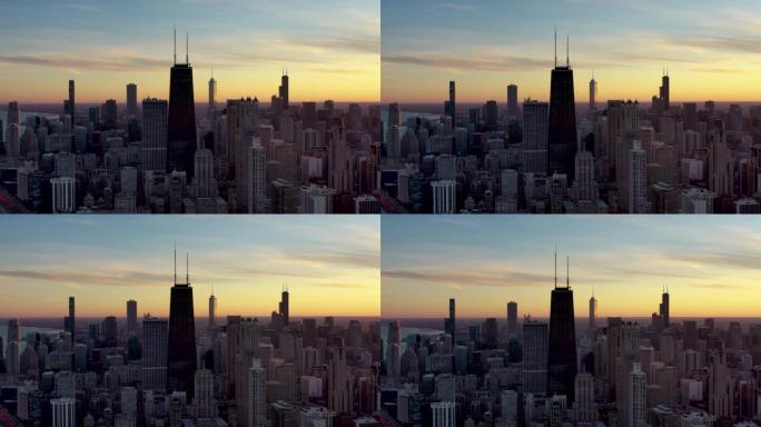 芝加哥市中心天际线的空中拍摄