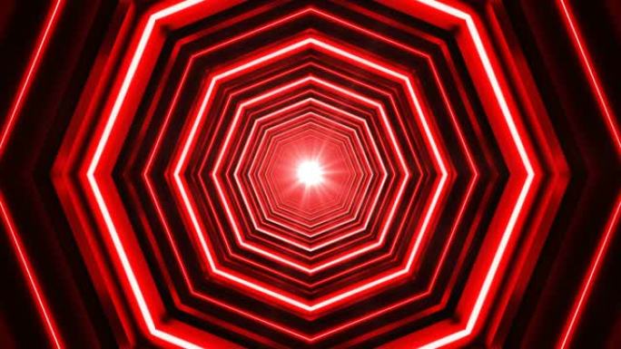 红色八角形循环霓虹灯4k动画隧道
