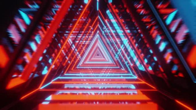 运动环抽象3D空间背景科幻与隧道三角形霓虹灯的透视。通往无限。
