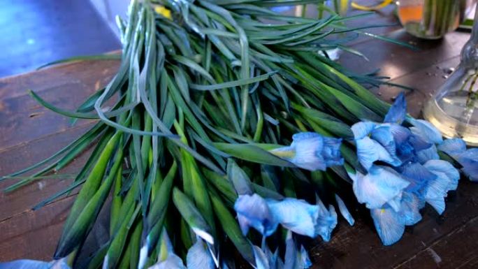 在花店的深色木制桌子上，蓝色可爱的鸢尾花长茎。