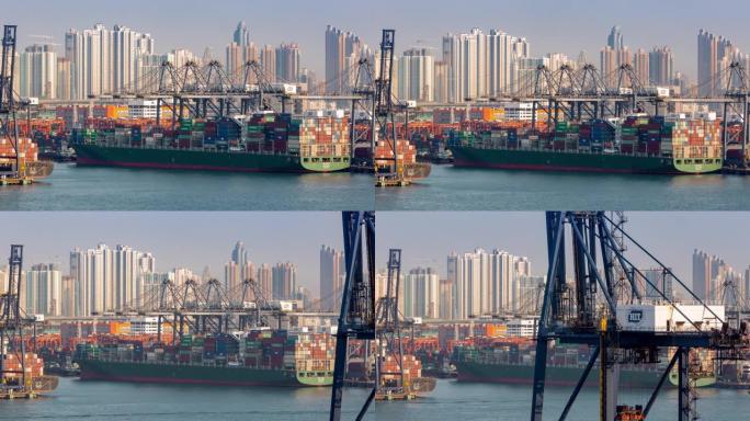 4k时间流逝: 起重机桥将集装箱从集装箱船卸载到卡车，用于商业物流，进出口，运输或运输