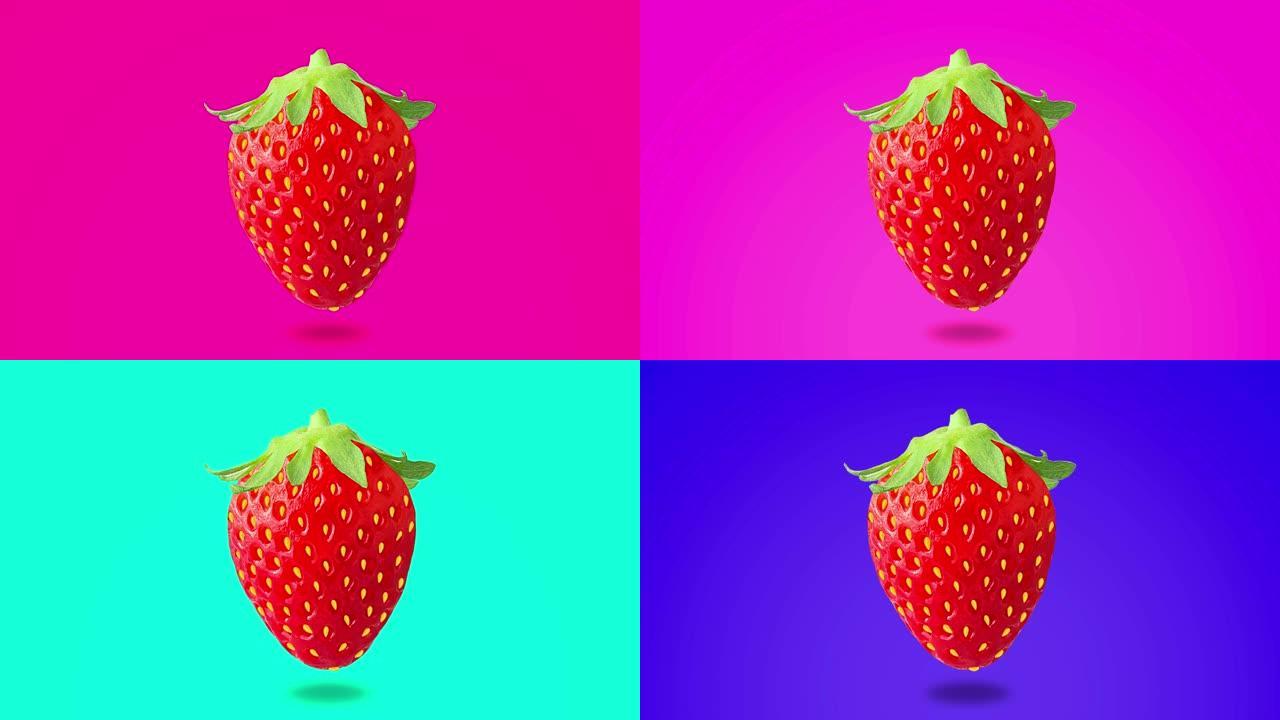 霓虹彩色背景上的草莓水果动画