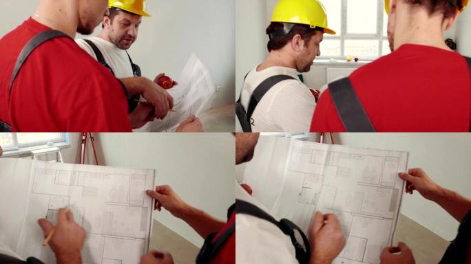 公寓维修-草案公寓-男子工人讨论计划持有计划