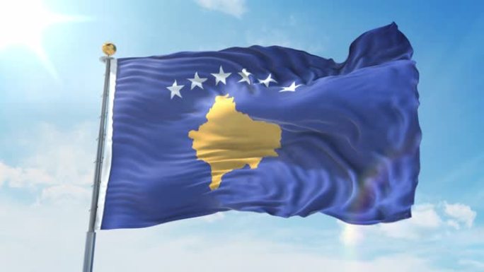 深蓝色的天空中，科索沃国旗在风中飘扬。国家主题，国际理念。3D渲染无缝循环4K