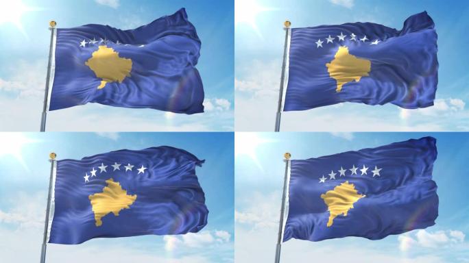 深蓝色的天空中，科索沃国旗在风中飘扬。国家主题，国际理念。3D渲染无缝循环4K