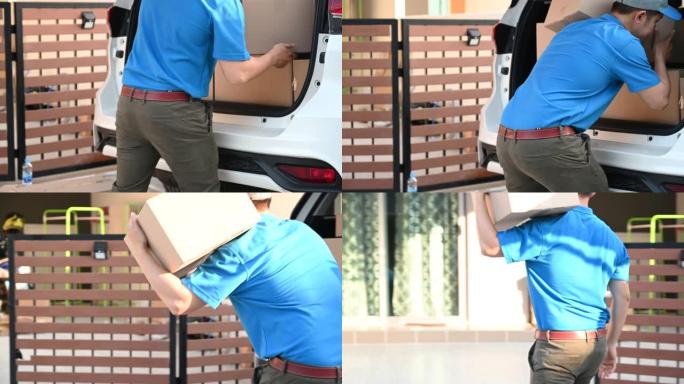 泰国邮递员检查包裹和邮箱送货上门。亚洲在线购物服务。