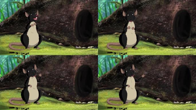 黑鼠坐在一个洞动画旁