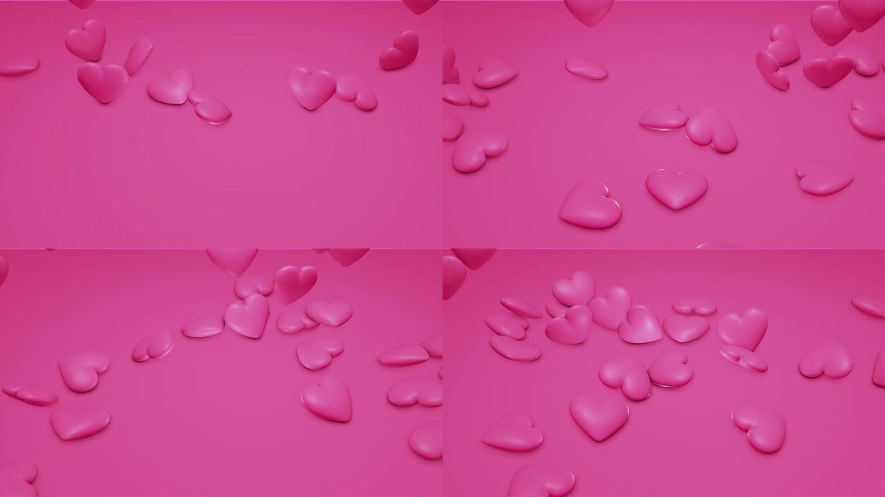 粉色可爱的飘落多边形心形。情人节。活动背景。3D渲染动画4k