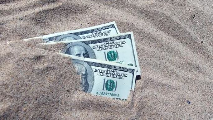 金钱多拉斯半被沙子覆盖在海滩上特写镜头