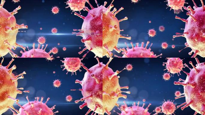 corona病毒流感爆发3D医学插图。漂浮的流感病毒细胞的显微镜观察。危险的亚洲ncov科罗纳病毒，