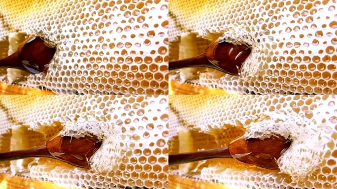 蜂蜜背景天然有机蜂蜡特写舀取刮取
