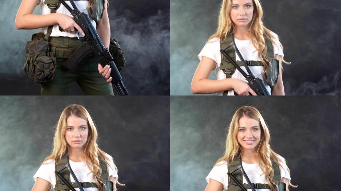 年轻的金发女性在演播室被军用装备和突击步枪撕碎