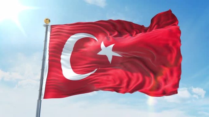 土耳其国旗在深蓝色的天空中迎风飘扬。国家主题，国际理念。3D渲染无缝循环4K