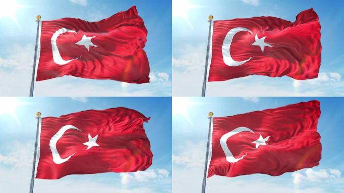 土耳其国旗在深蓝色的天空中迎风飘扬。国家主题，国际理念。3D渲染无缝循环4K