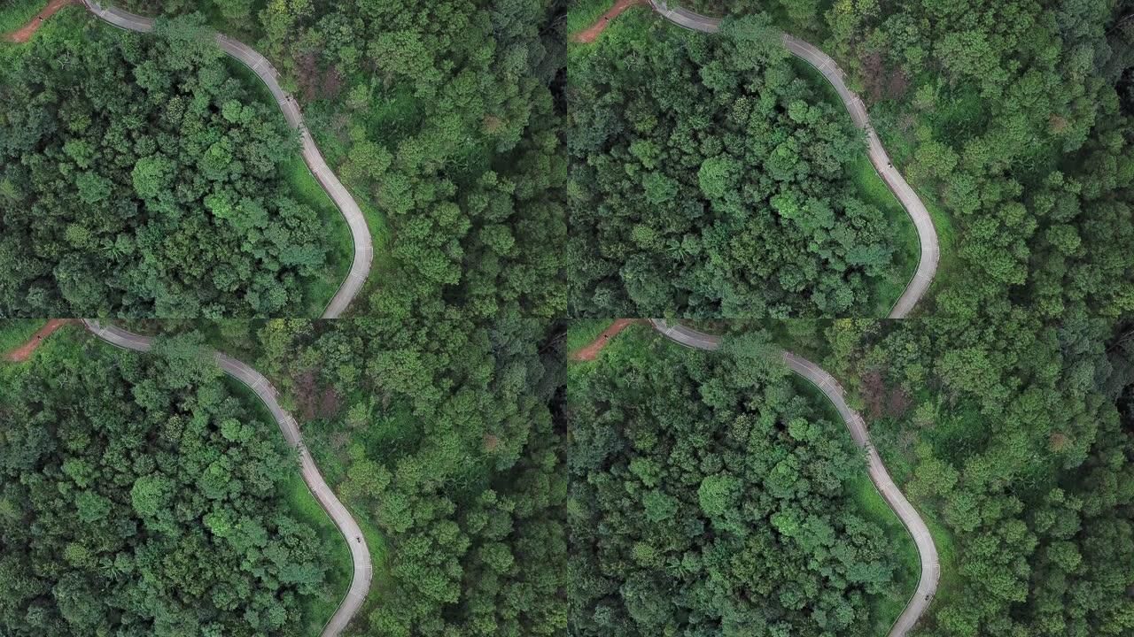 在泰国清莱府高地山脉的绿色森林中，一辆摩托车在道路上行驶的鸟瞰图。