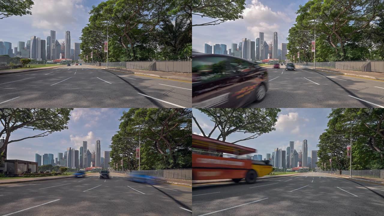 新加坡交通城市的时间流逝。街道周围的交通标志、灯光和树木。