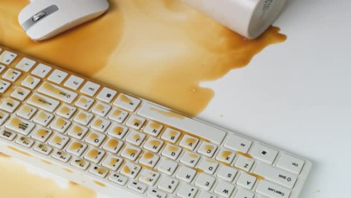 一杯咖啡被打翻在白色键盘上。