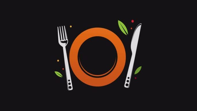 空盘，餐具和绿叶-健康食品，食谱，餐厅动画
