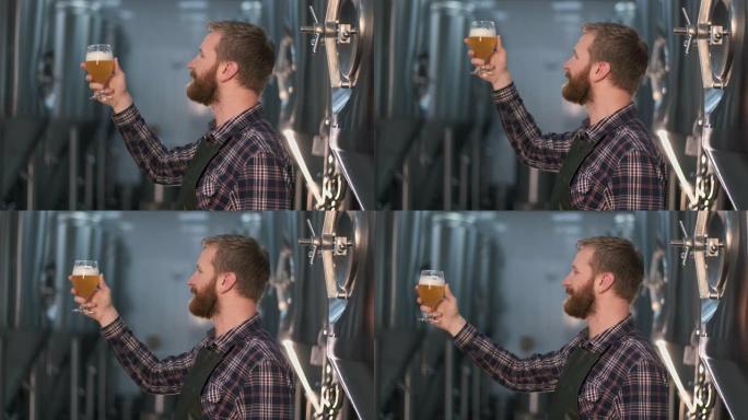 成功的商人啤酒酿造商，留着胡须，站在啤酒生产室检查啤酒罐中新鲜酿造的啤酒的质量