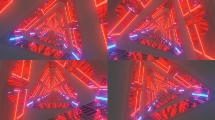 3D三角形金属红色蓝色霓虹灯模糊变焦旋转技术未来动画视频插图。