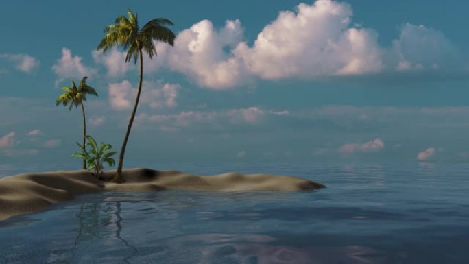 海中小岛上棕榈树的热带景观。3d动画