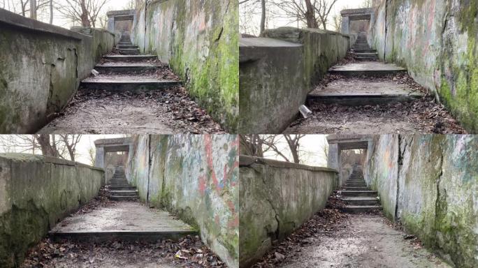 POV走上楼梯，漫长的旧废墟和肮脏的石头楼梯