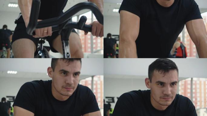 肌肉发达的人在健康俱乐部的静态自行车上训练有氧运动。在室内自行车上工作的出汗运动员。自行车课强化心血