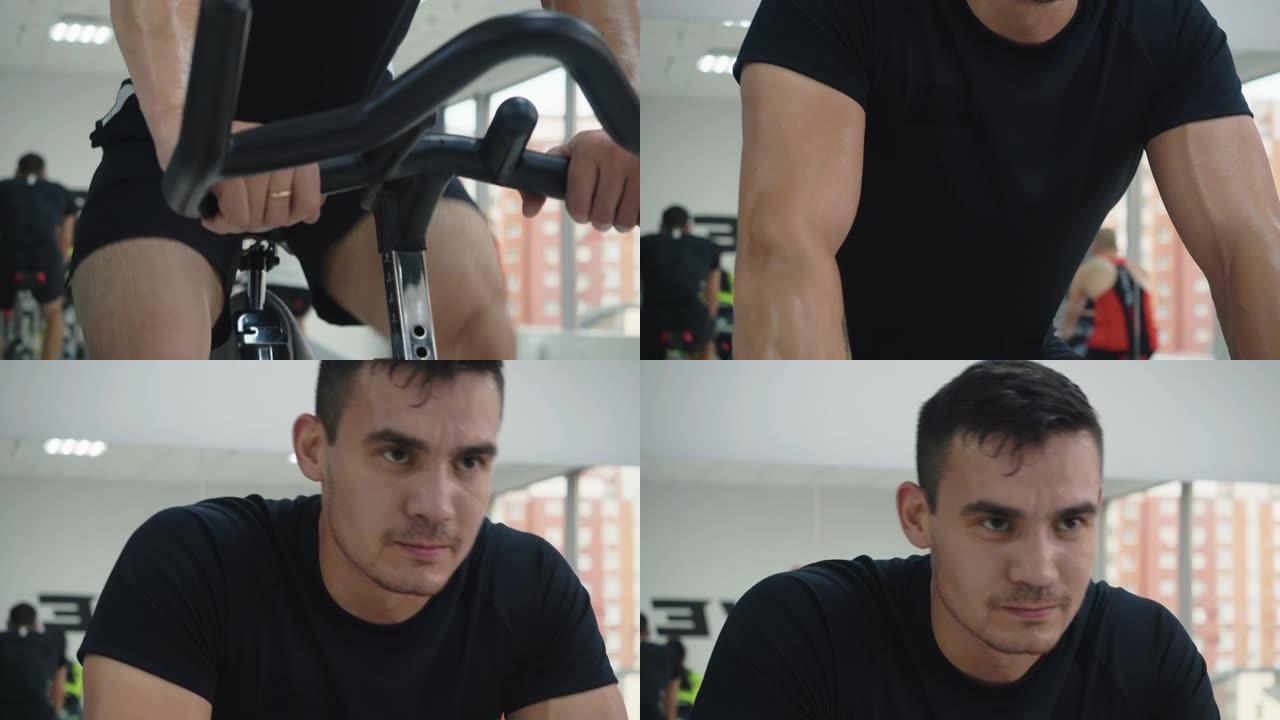 肌肉发达的人在健康俱乐部的静态自行车上训练有氧运动。在室内自行车上工作的出汗运动员。自行车课强化心血