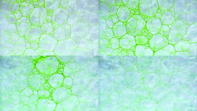 彩色肥皂泡沫与爆裂气泡背景。摘要生物结构，大分子模式。绿色墨水填充了一团在液体中形成的白色气泡。自然