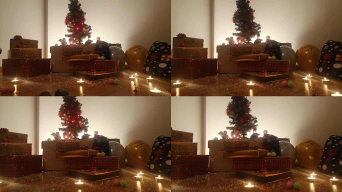 圣诞节和新年庆祝活动，礼物，闪烁的圣诞树灯