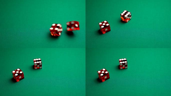 经销商掷骰子十一个。慢动作两个红色骰子，掷骰子，扔在赌场的绿色tomentum背景上，Yo或Yo-l