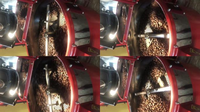 烘焙咖啡豆，放入机器。咖啡店和咖啡师的新鲜烘焙咖啡豆