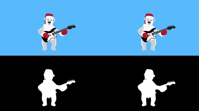 卡通北极熊平圣诞人物玩电吉他动画。包括亮度哑光