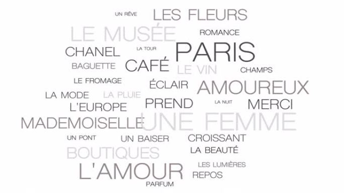 巴黎景点移动动画，法国灰色情绪循环和无缝旅行词云。法语中的主要法语单词-浪漫而美好的法国首都象征。
