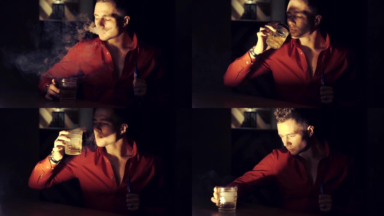穿着红色衬衫的男人正在酒吧喝威士忌