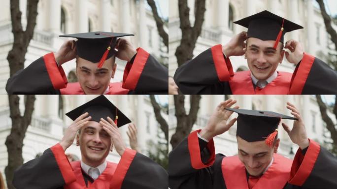 一群快乐的学生。毕业季男士戴博士帽手仍帽