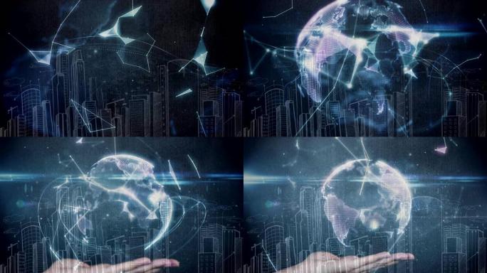 虚拟地球仪组装并手握在背景上绘制城市