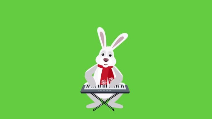 卡通小兔子扁平圣诞角色播放带哑光的合成器音乐动画