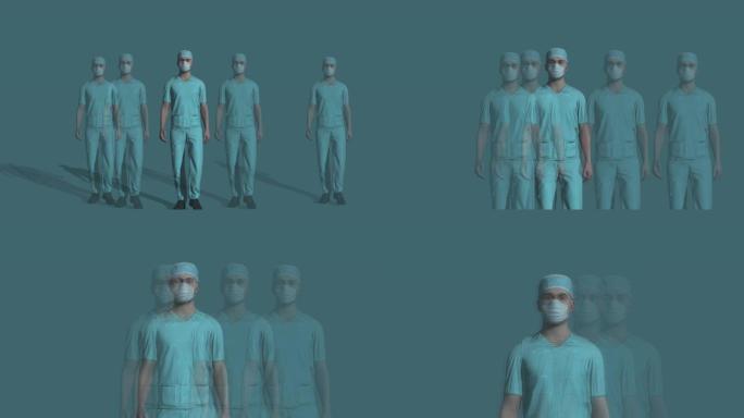 具有3D渲染的4k视频描绘了一小群男护士走路并戴着防护口罩以避免病毒传播。