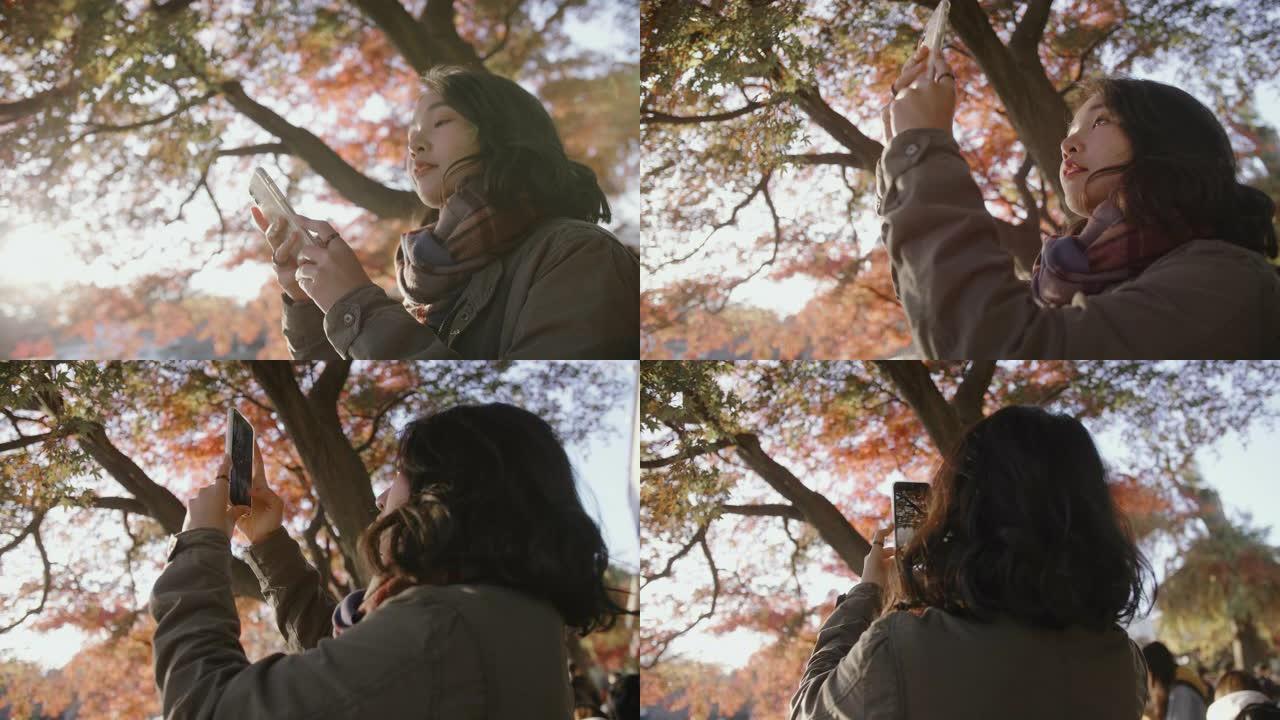 年轻的亚洲妇女使用智能手机与美丽的Bokeh，并在公园拍摄全景照片。