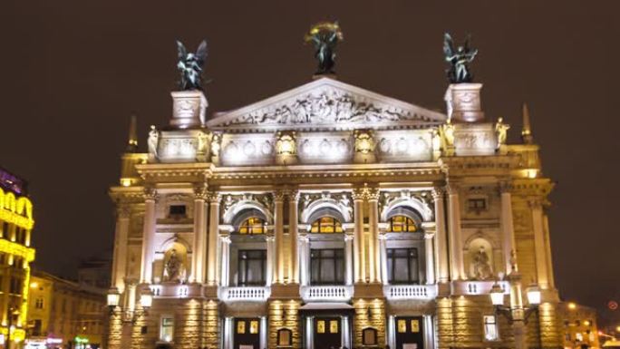 利沃夫歌剧院4k延时，乌克兰利沃夫索洛米亚·克鲁黑尔尼茨卡国家学术歌剧和芭蕾舞剧院