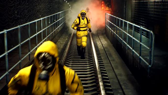 穿着防化服的人跑出隧道去抗疫。全球大流行后世界末日世界的概念。循环3D动画。