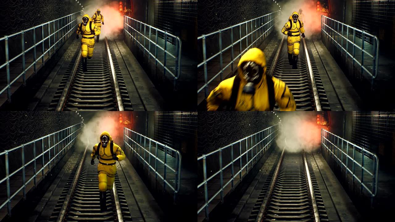穿着防化服的人跑出隧道去抗疫。全球大流行后世界末日世界的概念。循环3D动画。
