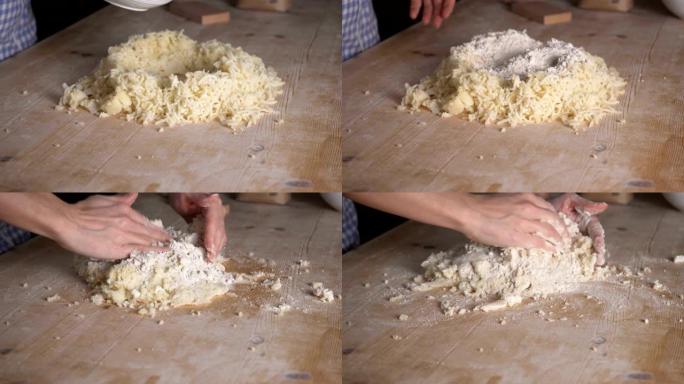 全麦面粉自制素食面食的特写过程。主厨将面粉倒在土豆泥上，传统的意大利面食上，女人在厨房里做饭