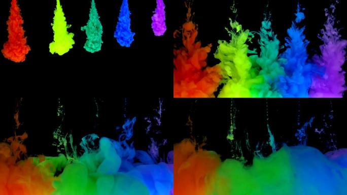 来自油墨流的多色成分。来自彩虹光谱的墨水流漂浮并混合在组合物的中心。彩色抽象组合亚克力彩虹色黑色背景