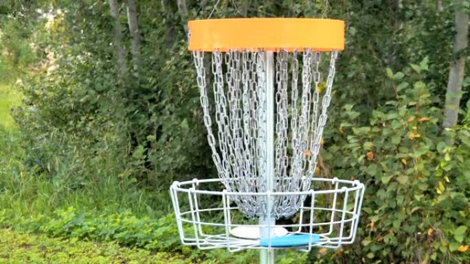 一只蓝色的飞盘被扔在了discgolf上