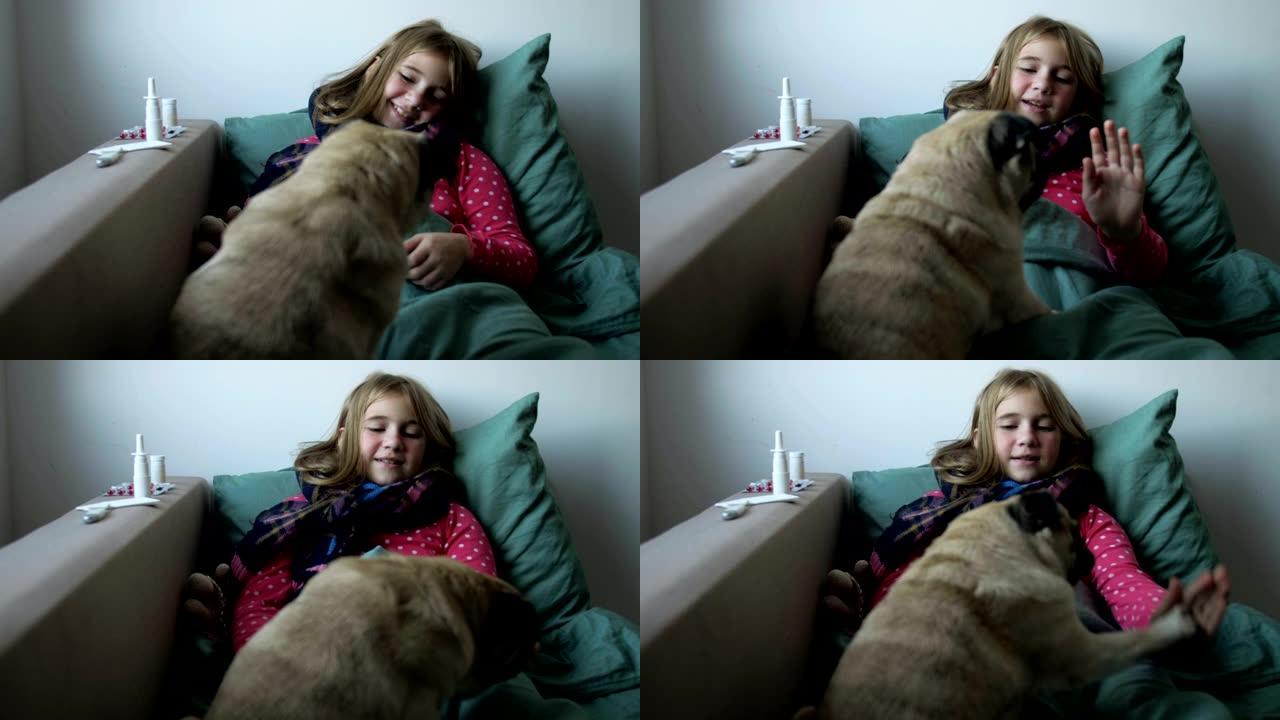 生病的小姑娘，戴着围巾，床上有一只哈巴狗。女孩附近有药物: 鼻子，咳嗽和喉咙的喷雾剂，电子温度计