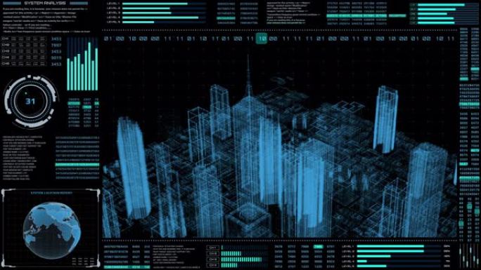 HUD未来虚拟3D全息城市目标扫描任务通信报告面板。