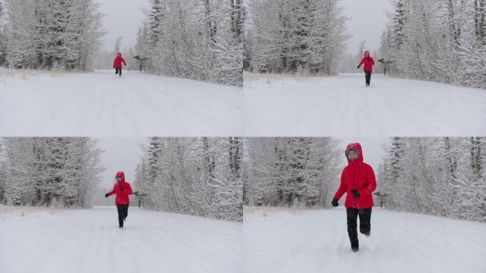 亚洲女人在白雪皑皑的森林里玩得开心